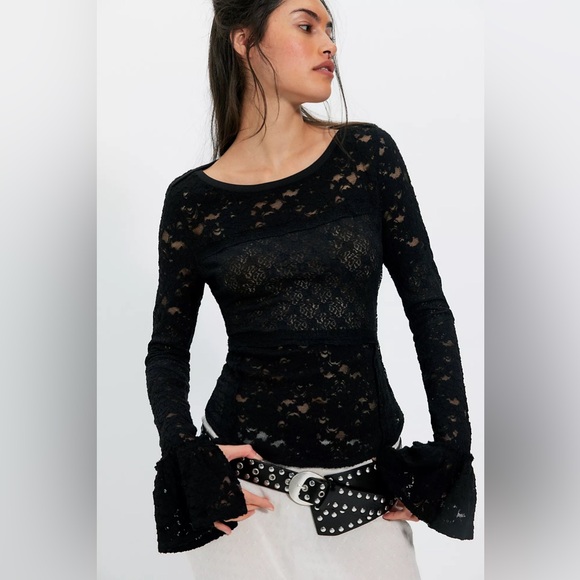 Free People Tops - Free People Sheer Lace Flared Long Sleeve Top Black Boho Romantic Mesh Sz Small